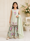 Girls' Embellished Net Sharara Set with Dupatta - Mint Green Floral
