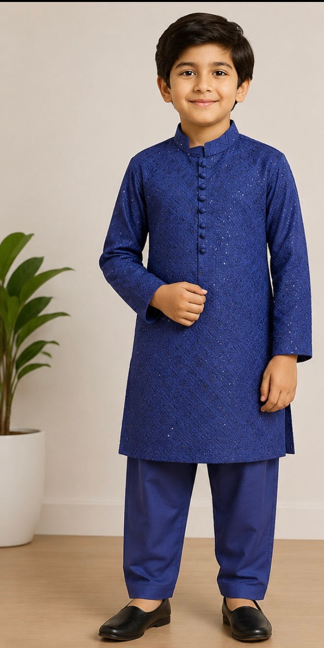 Navy Blue Boys Kurta Pajama Set – Pakistani Kids Formal Eid & Wedding Outfit | Size 30 (9-10 Years)