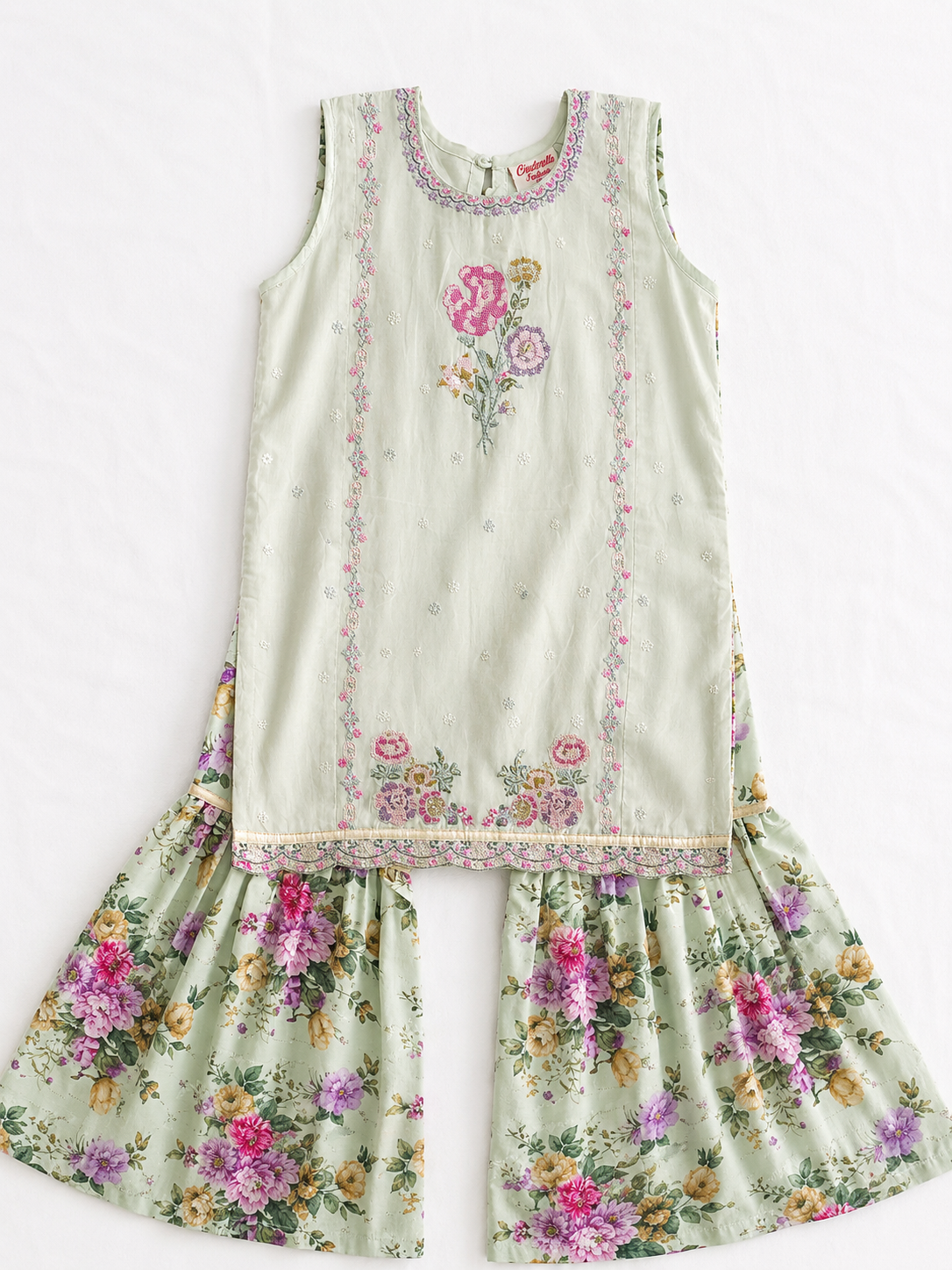 Girls' Embellished Net Sharara Set with Dupatta - Mint Green Floral