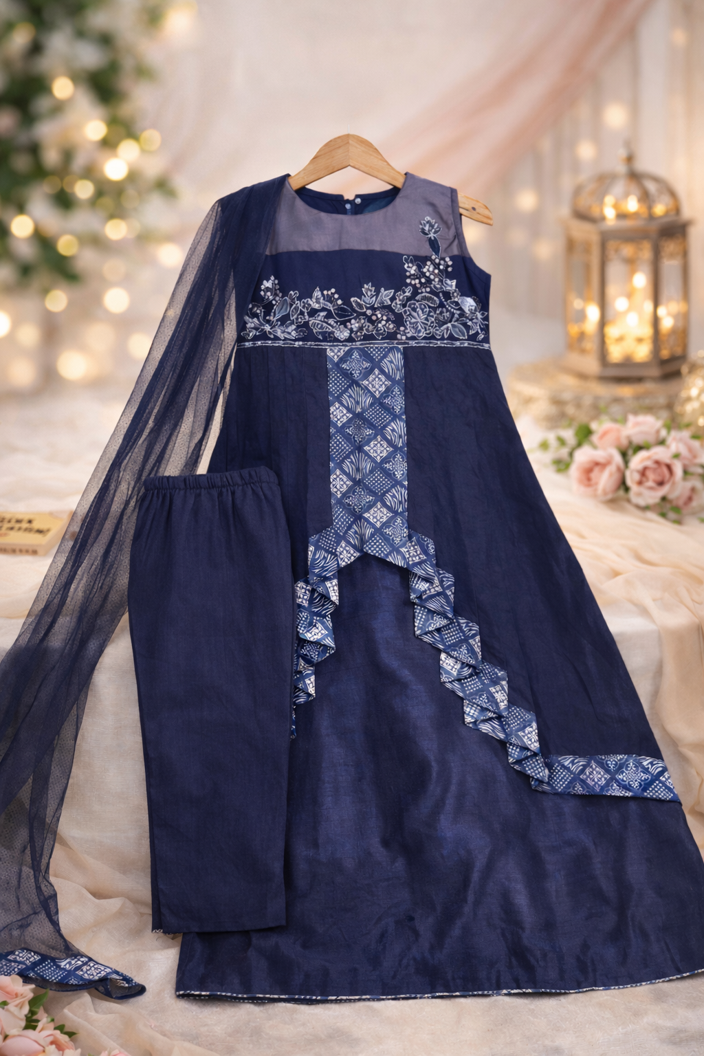 Ready to Ship Navy Blue Girls Formal Dress Set (2–3 Years) | Embroidered Party Outfit with Dupatta