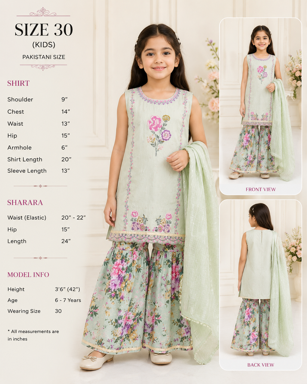 Girls' Embellished Net Sharara Set with Dupatta - Mint Green Floral