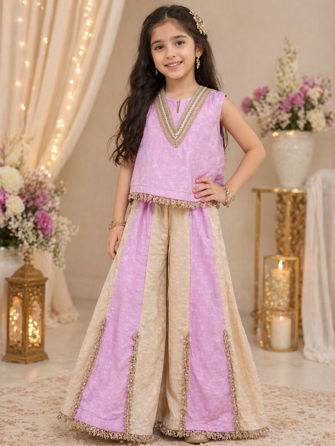 Lavender & Champagne Girls Gharara Set – Short Kurti & Flared Pants (7–8 Years)