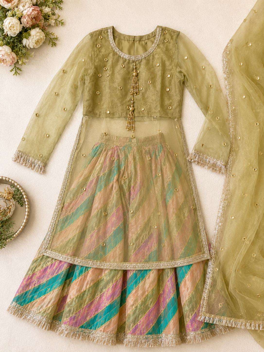 Olive Green Organza Shirt & Dupatta with Chatapati Silk Ghrara