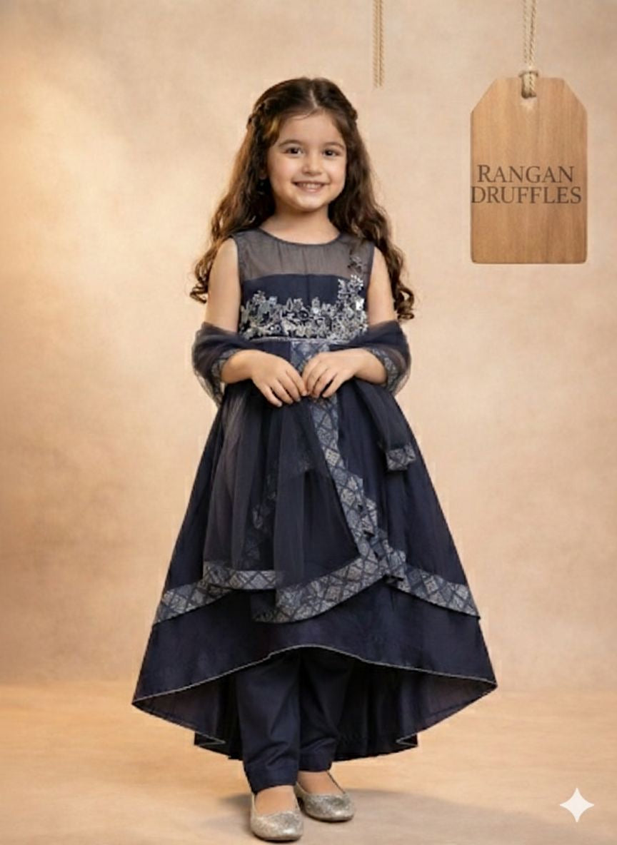 Navy Blue Girls 3-Piece Maxi Dress Set – Formal Party Outfit for Toddlers & Kids | Size 3-4 Years