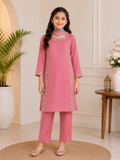 Girls Pink Embroidered Kurta Set with Dupatta | 2-Piece Festive Outfit
