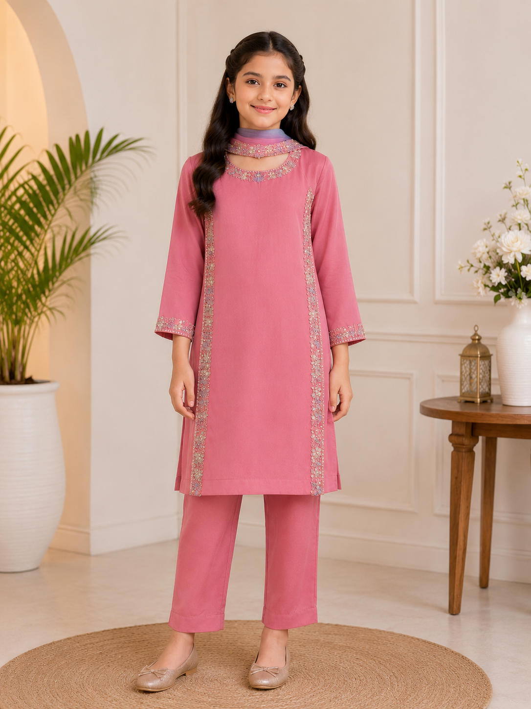 Girls Pink Embroidered Kurta Set with Dupatta | 2-Piece Festive Outfit