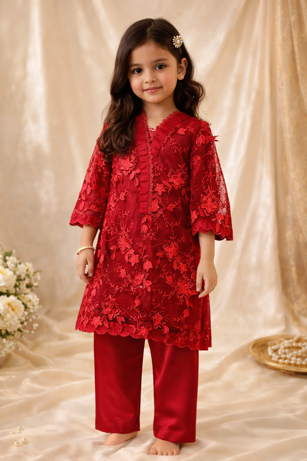 Ready to Ship Red Girls Pakistani Outfit | Embroidered Kurta Pajama Set