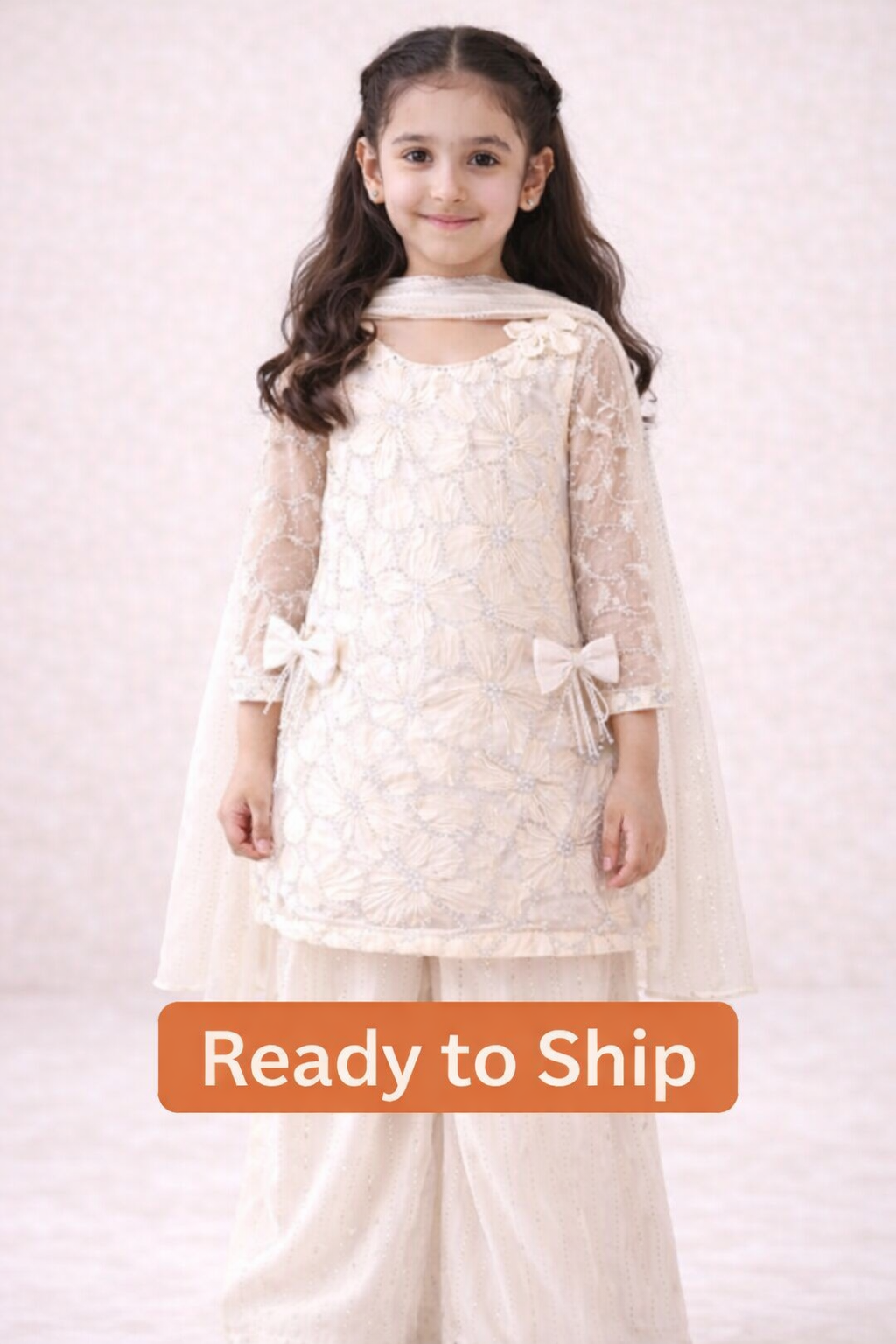 Girls Ivory Embroidered Kurta Set with Dupatta