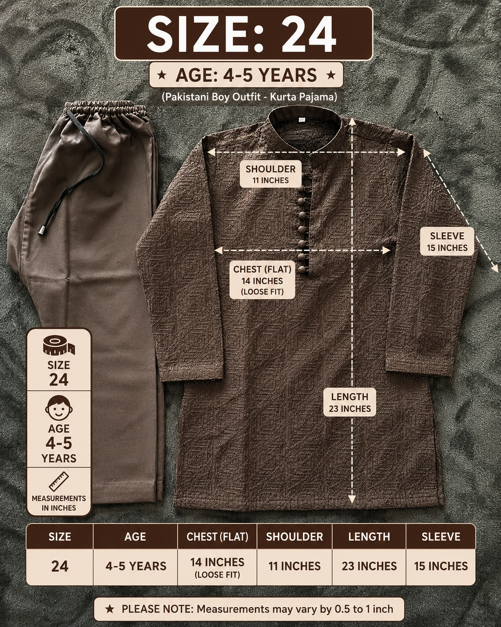 Kids Chocolate Brown Embroidered Kurta Pajama Set – Boys Pakistani Eid & Wedding Outfit | Size 24