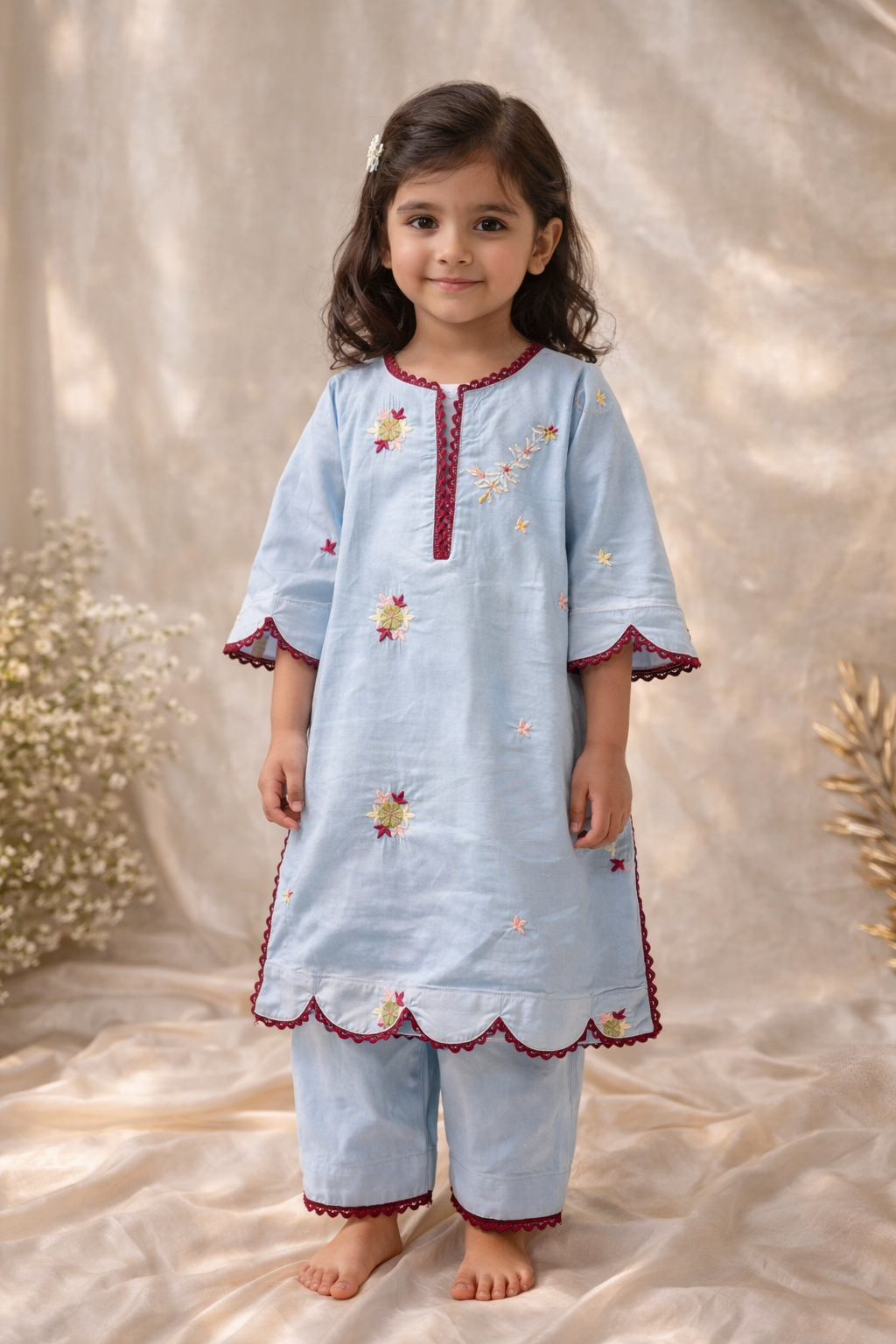 Ready to Ship Blue Pakistani Kids Outfit | Maroon Lace Embroidered Kurta Set