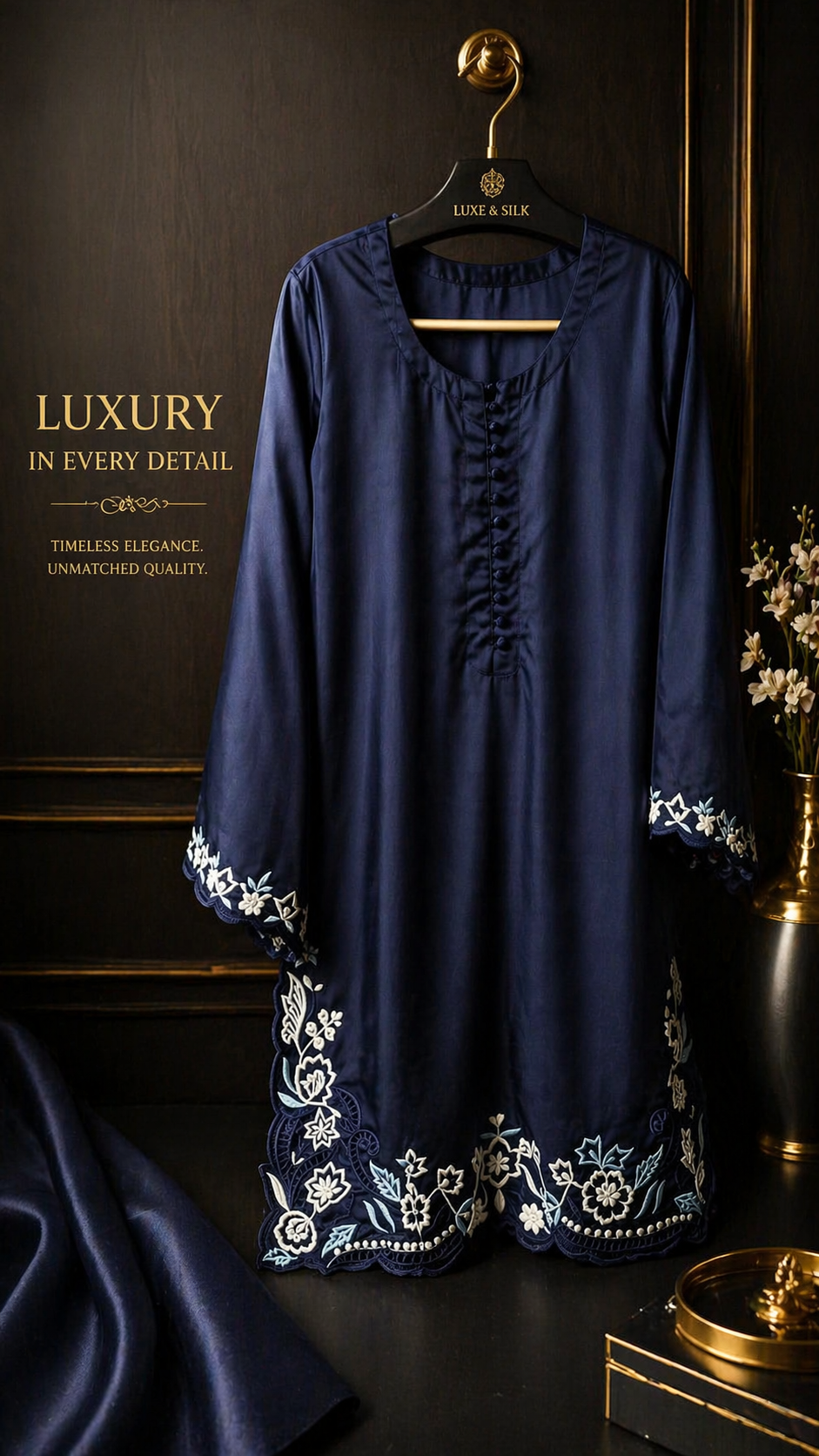 Mommy & Me Navy Blue Embroidered Kurta Set – Matching Mom & Daughter Outfit
