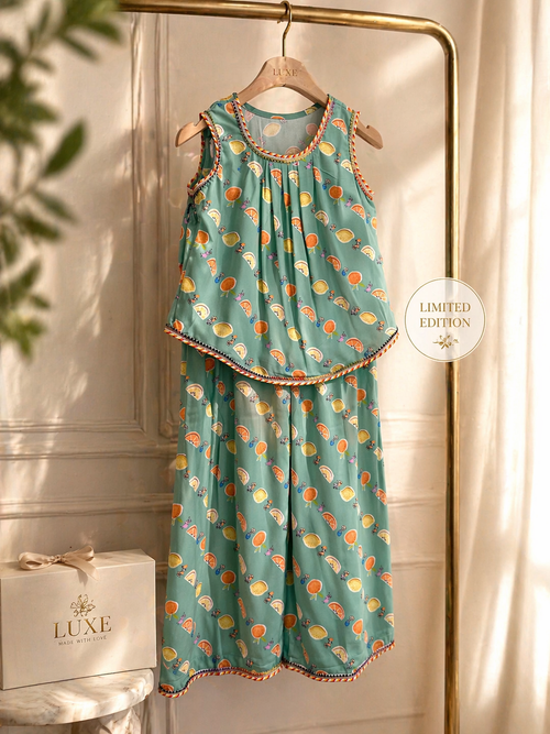 Girls Aqua Floral Sharara Set | Sleeveless Festive Outfit | Pakistani Kids Eid Dress