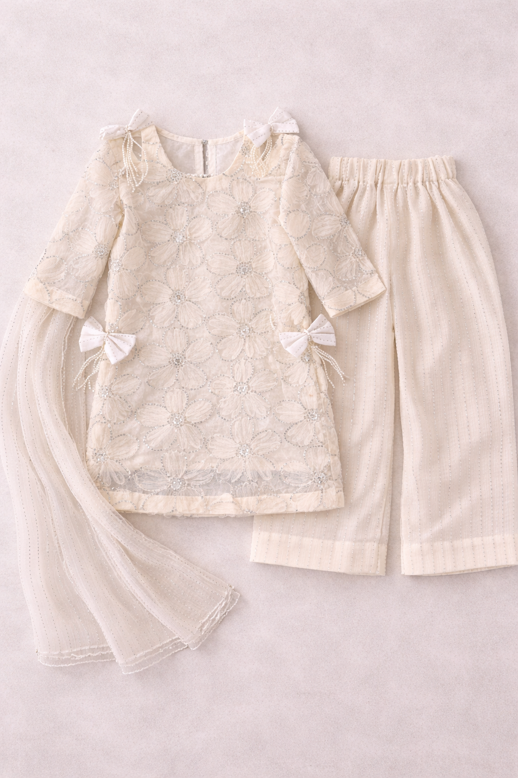 Girls Ivory Embroidered Kurta Set with Dupatta