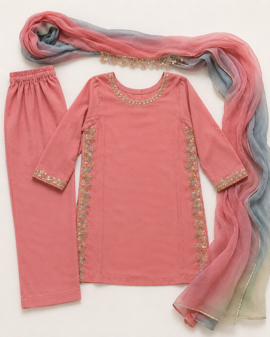 Girls Pink Embroidered Kurta Set with Dupatta | 2-Piece Festive Outfit
