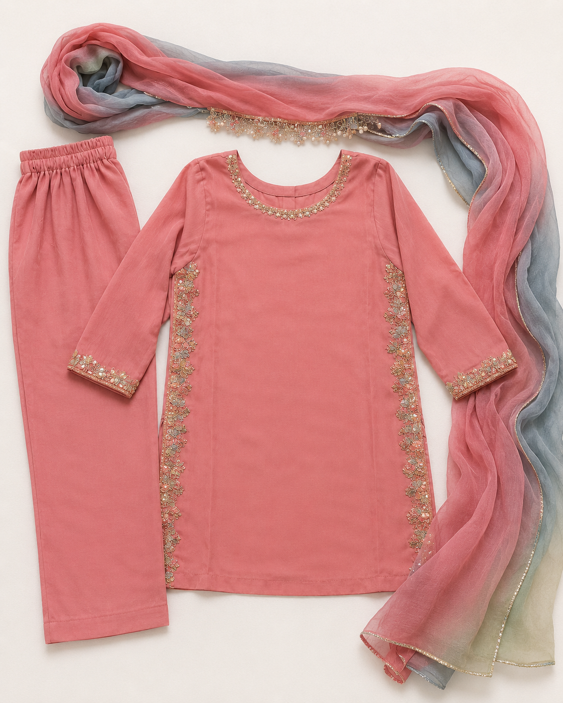 Girls Pink Embroidered Kurta Set with Dupatta | 2-Piece Festive Outfit