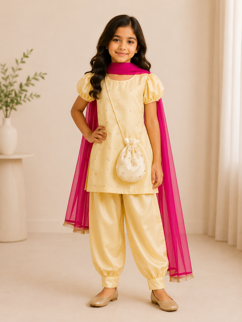 Girls Yellow Embroidered Kurta Salwar Set with Magenta Dupatta | Festive Ethnic Wear for Kids