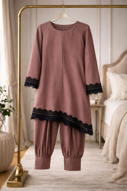 Aesthetic Mauve Asymmetrical Kurta & Bubble Pants Set | Black Lace Trim | Teen Girls | Ready to Ship