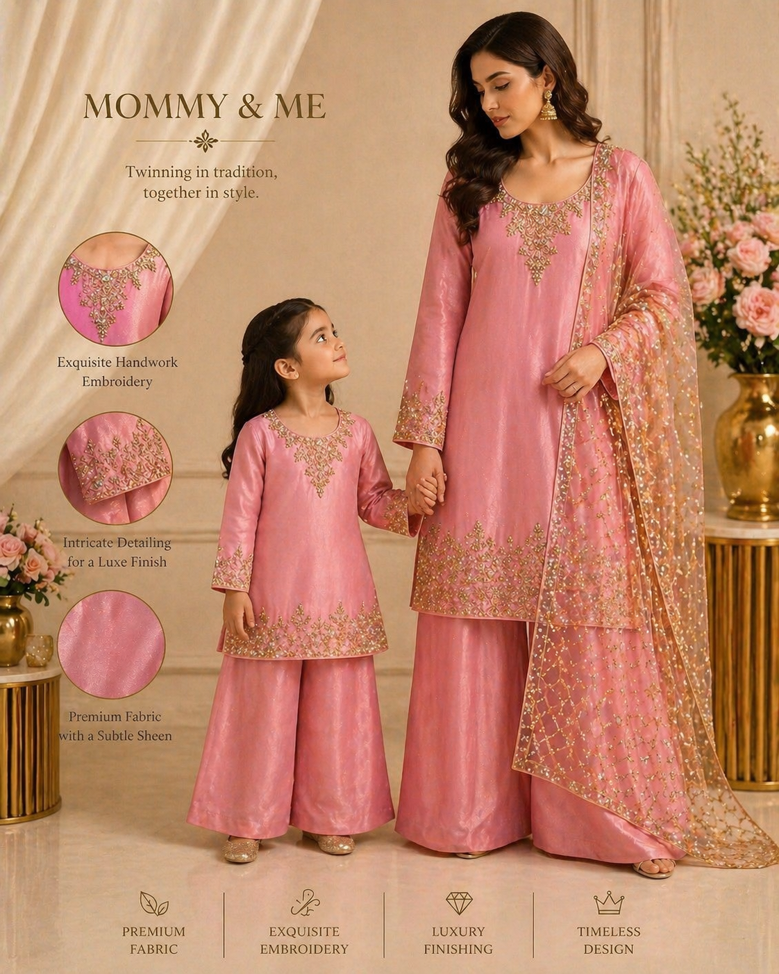 Mommy & Me Pink Embroidered Pant Kameez Set with Mirror Work Dupatta