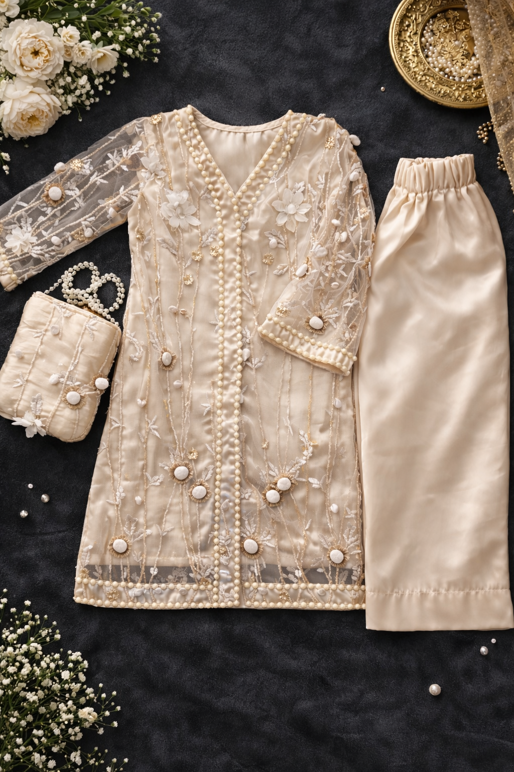 Girls Ivory Organza Pakistani Outfit | Pearl Embellished 3-Piece Set | Ready to Ship USA