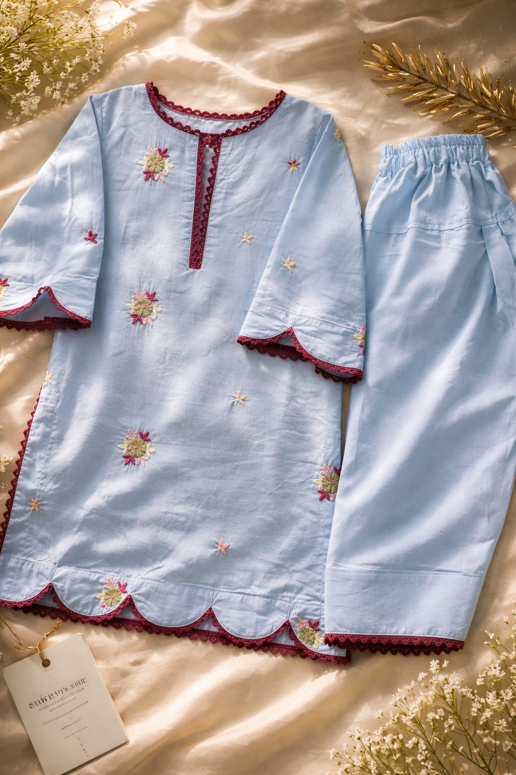 Ready to Ship Blue Pakistani Kids Outfit | Maroon Lace Embroidered Kurta Set