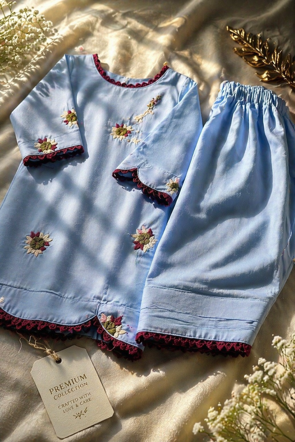 Ready to Ship Blue Pakistani Kids Outfit | Maroon Lace Embroidered Kurta Set