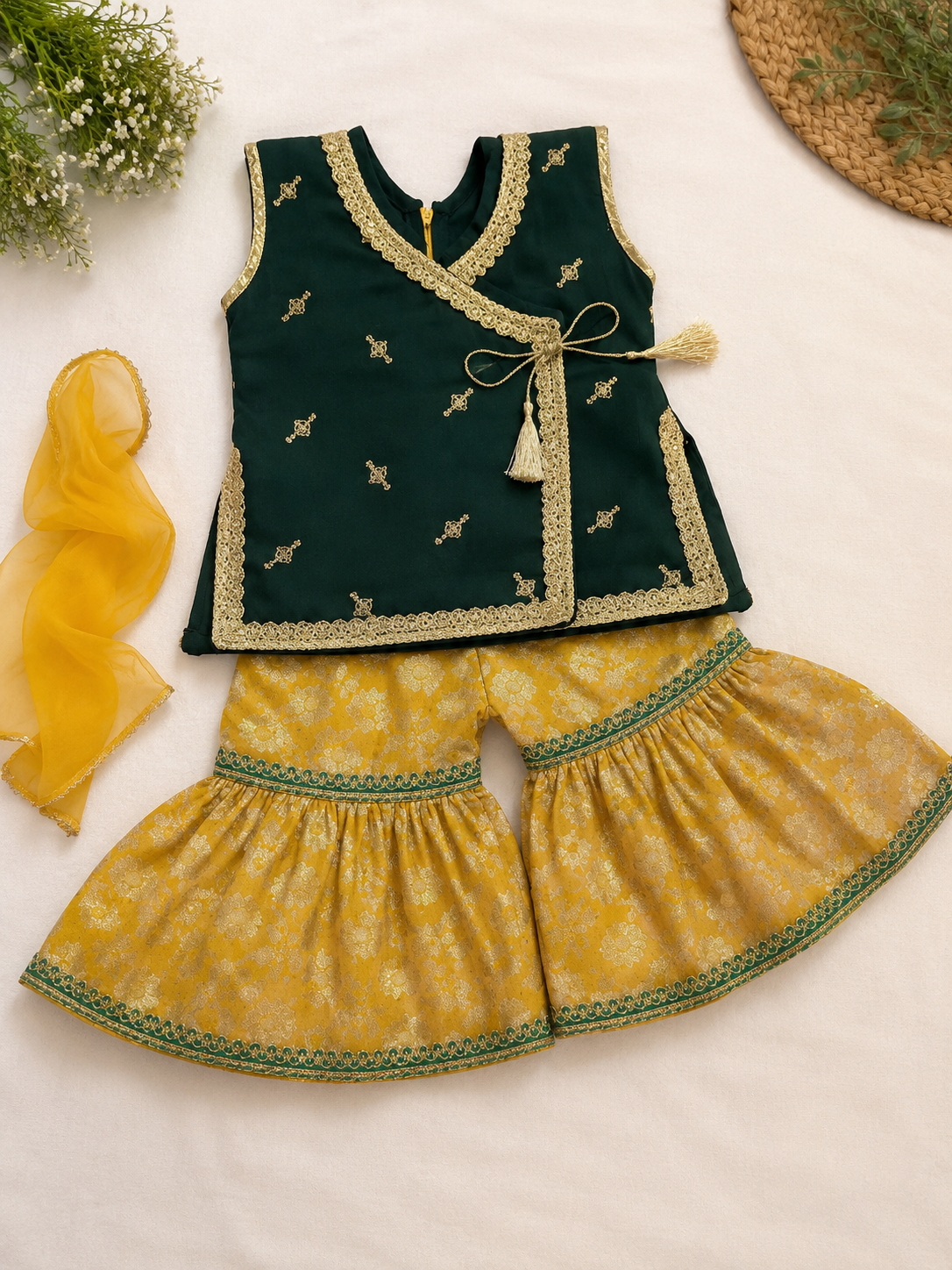 Girls Kurti Sharara Set - Green & Yellow Embroidered Ethnic Outfit