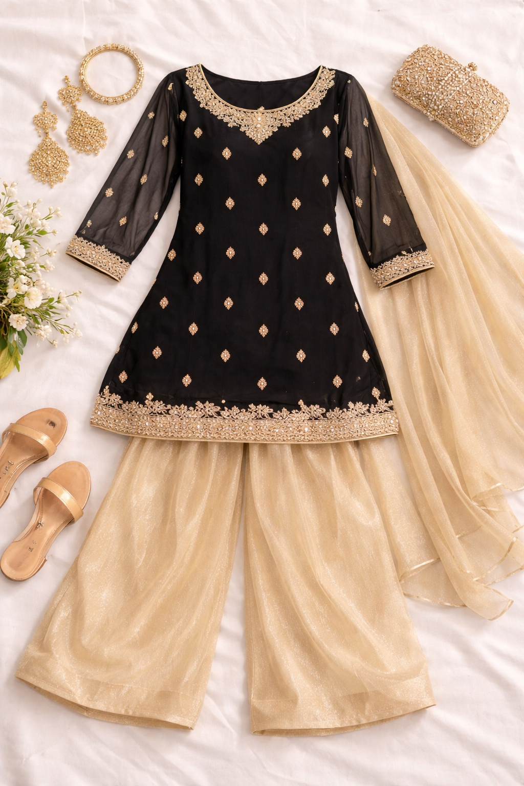 Black & Gold Mommy & Me Pakistani Outfit | Chiffon Kurta & Shimmer Sharara Set | Elegant Festive Wear