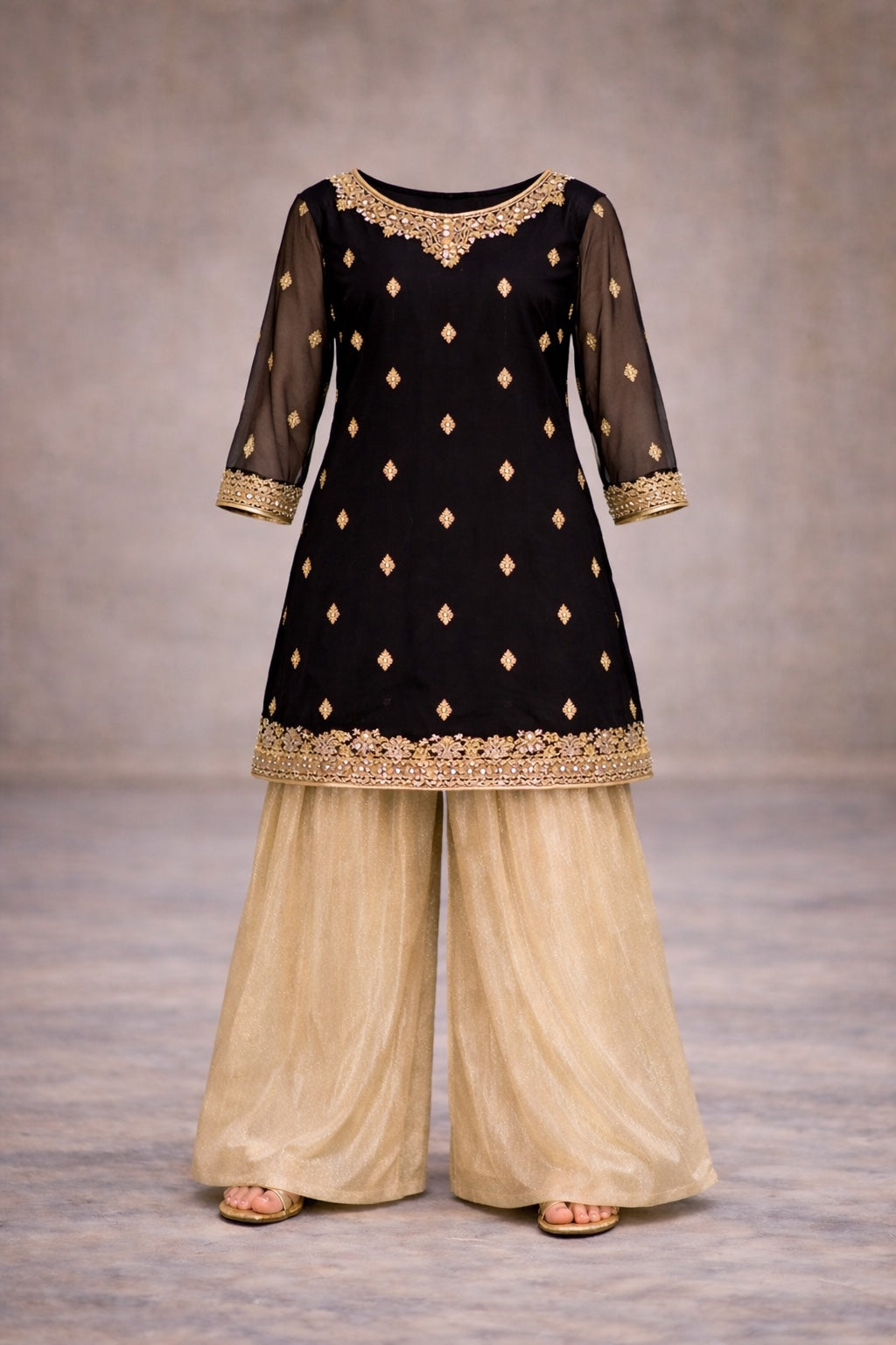 Black & Gold Mommy & Me Pakistani Outfit | Chiffon Kurta & Shimmer Sharara Set | Elegant Festive Wear