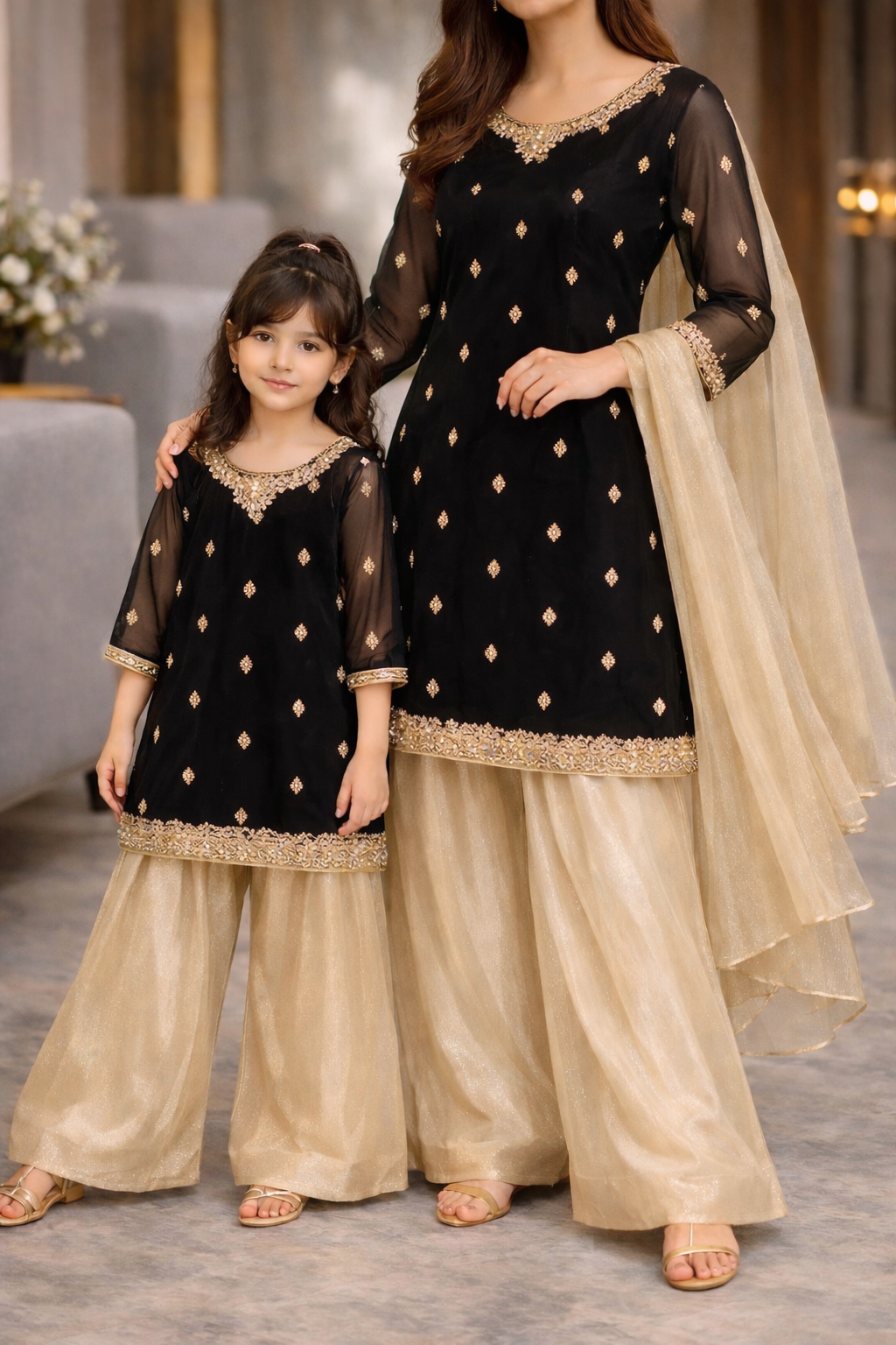 Black & Gold Mommy & Me Pakistani Outfit | Chiffon Kurta & Shimmer Sharara Set | Elegant Festive Wear