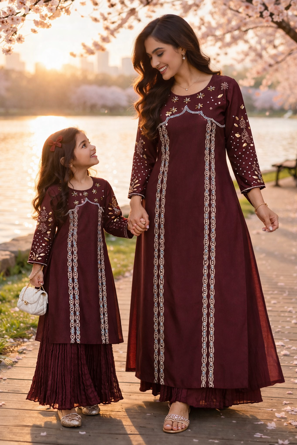 Mommy & Me Maroon Embroidered Kurta Set | Matching Mother Daughter Outfit