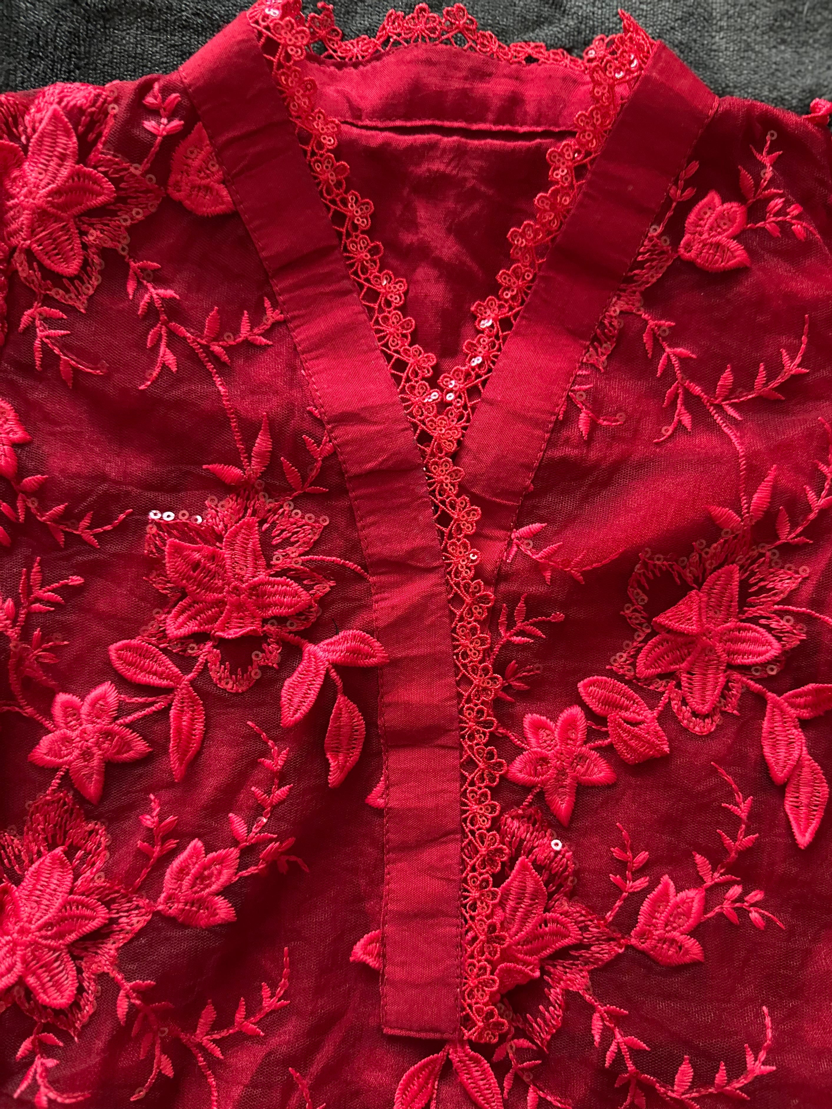 Ready to Ship Red Girls Pakistani Outfit | Embroidered Kurta Pajama Set