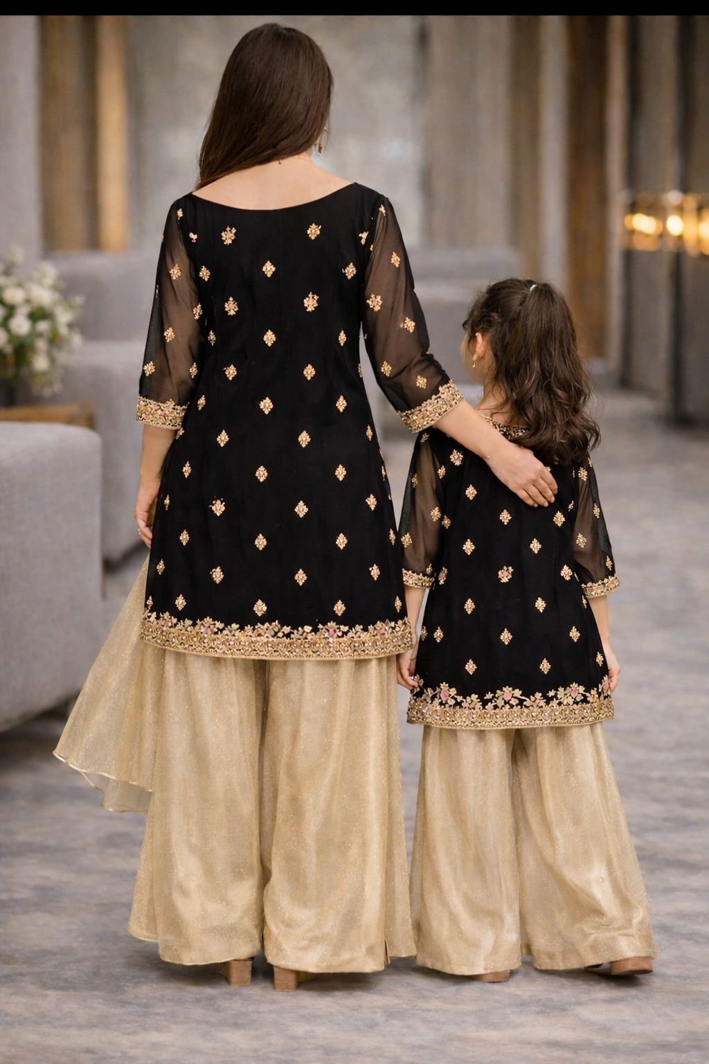 Black & Gold Mommy & Me Pakistani Outfit | Chiffon Kurta & Shimmer Sharara Set | Elegant Festive Wear