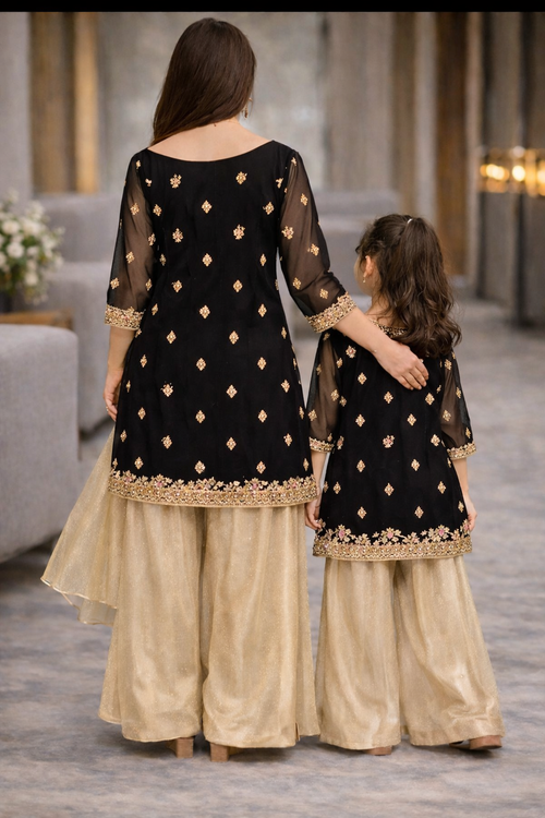Black & Gold Mommy & Me Pakistani Outfit | Chiffon Kurta & Shimmer Sharara Set | Elegant Festive Wear