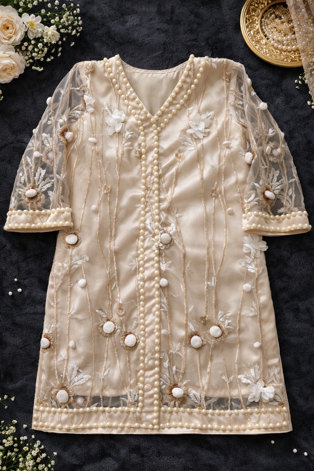 Girls Ivory Organza Pakistani Outfit | Pearl Embellished 3-Piece Set | Ready to Ship USA