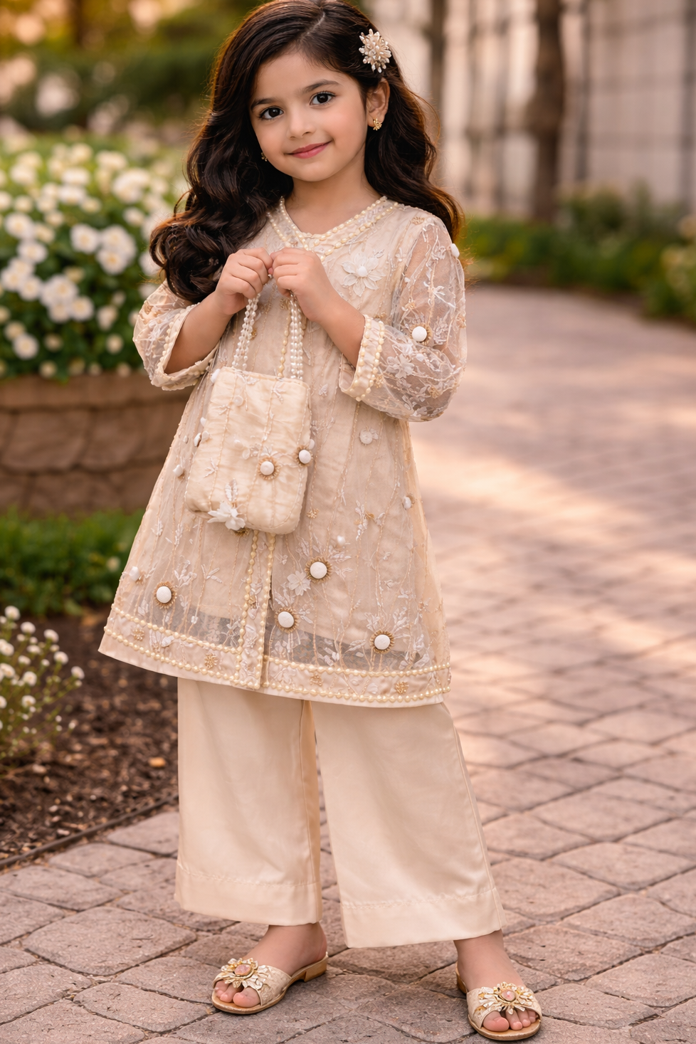 Girls Ivory Organza Pakistani Outfit | Pearl Embellished 3-Piece Set | Ready to Ship USA