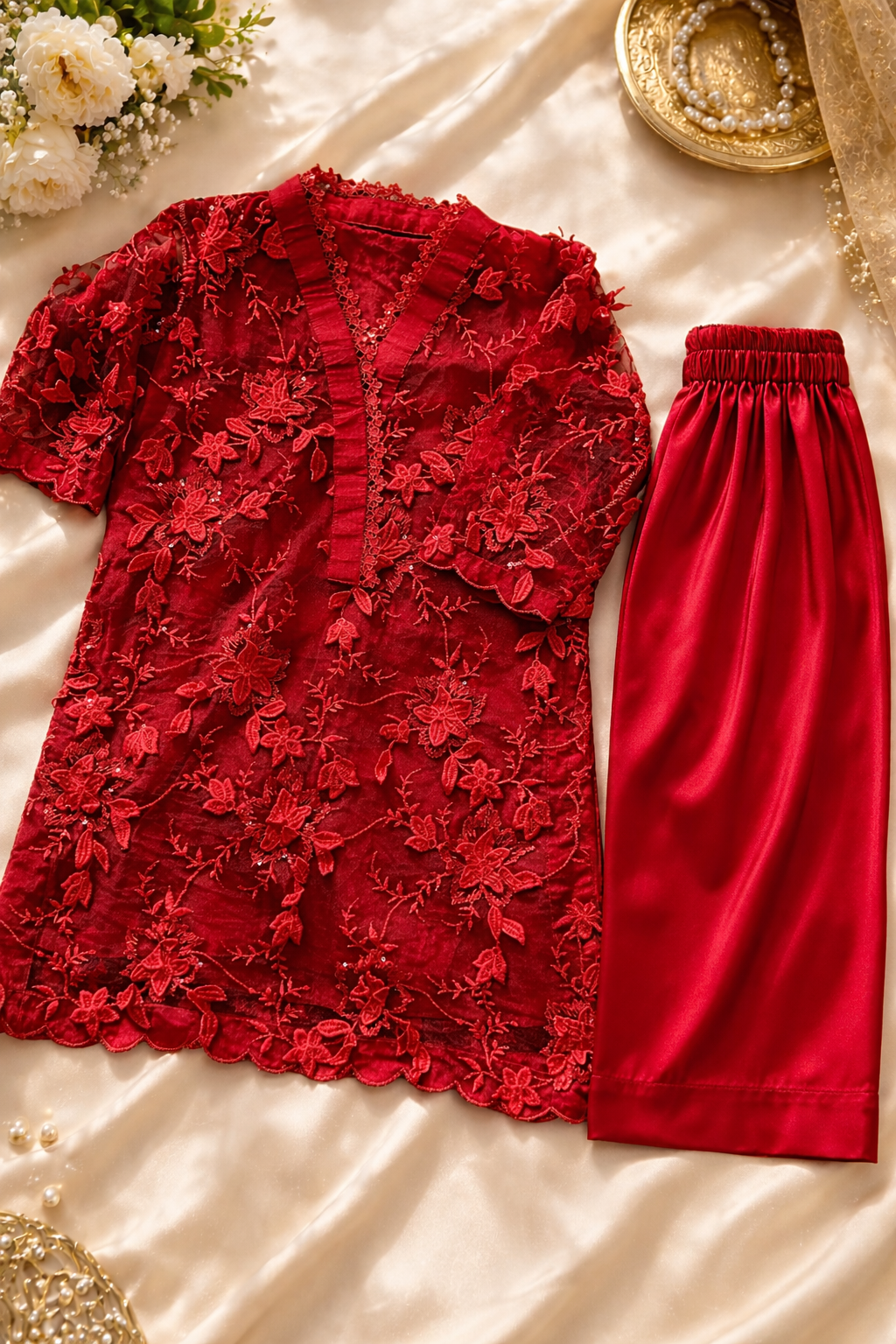 Ready to Ship Red Girls Pakistani Outfit | Embroidered Kurta Pajama Set