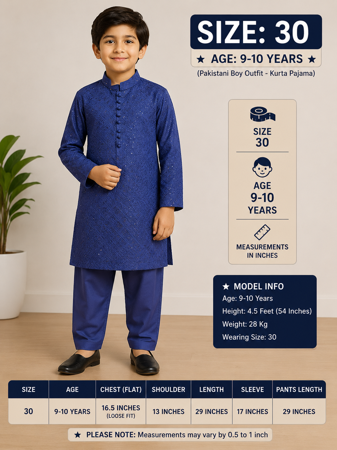 Navy Blue Boys Kurta Pajama Set – Pakistani Kids Formal Eid & Wedding Outfit | Size 30 (9-10 Years)