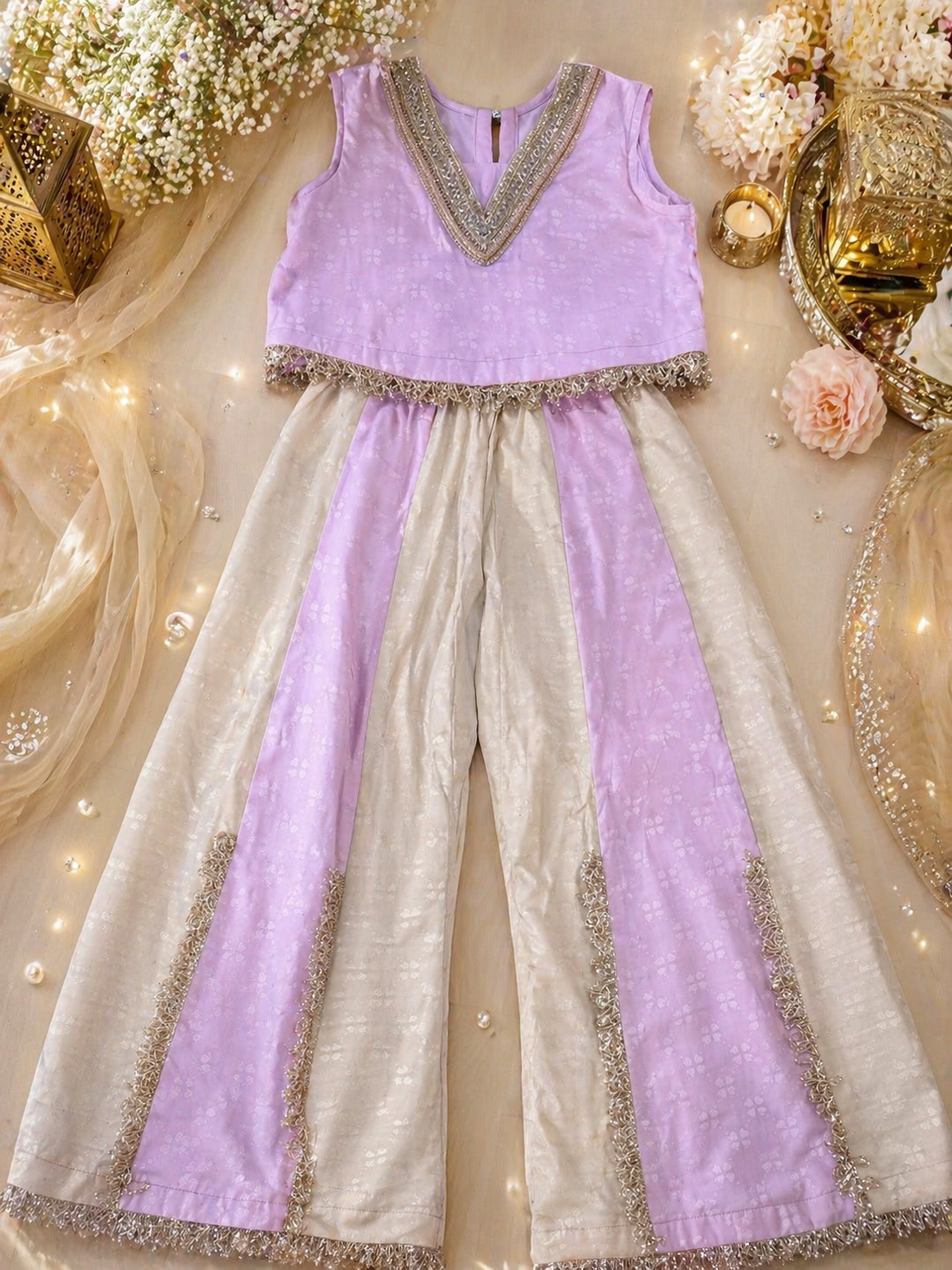 Lavender & Champagne Girls Gharara Set – Short Kurti & Flared Pants (7–8 Years)
