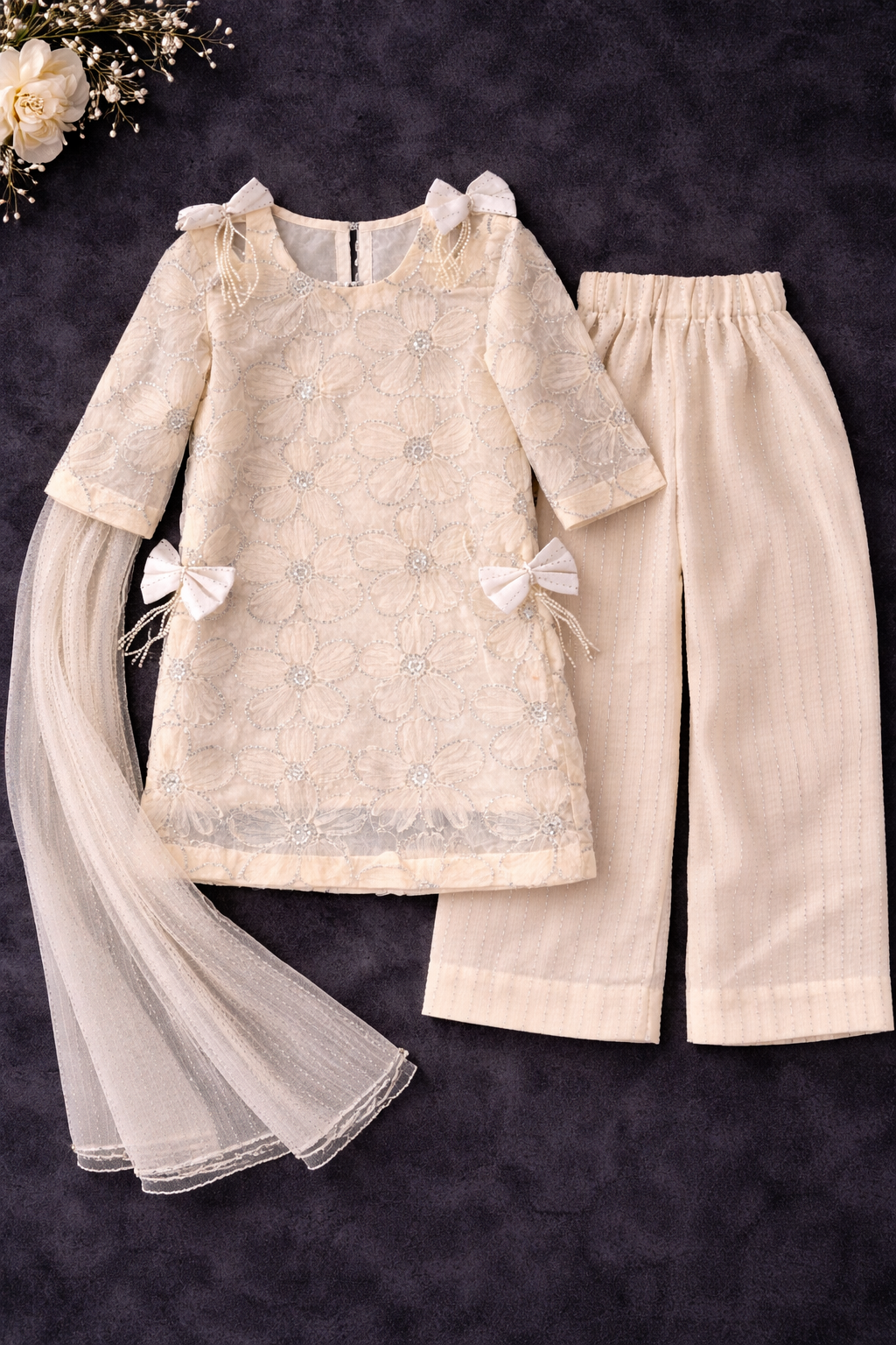 Girls Ivory Embroidered Kurta Set with Dupatta
