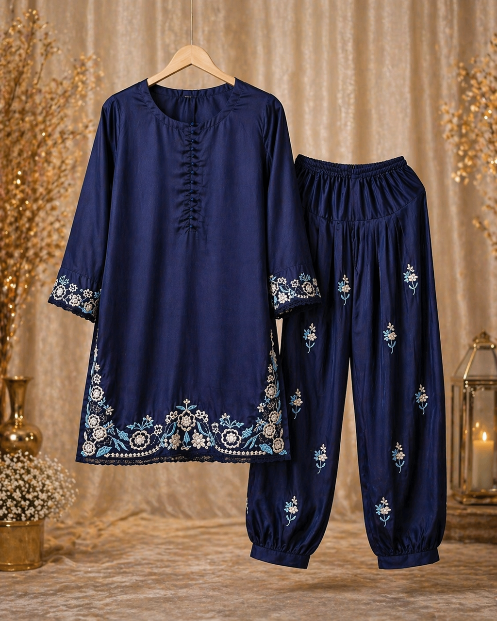 Mommy & Me Navy Blue Embroidered Kurta Set – Matching Mom & Daughter Outfit