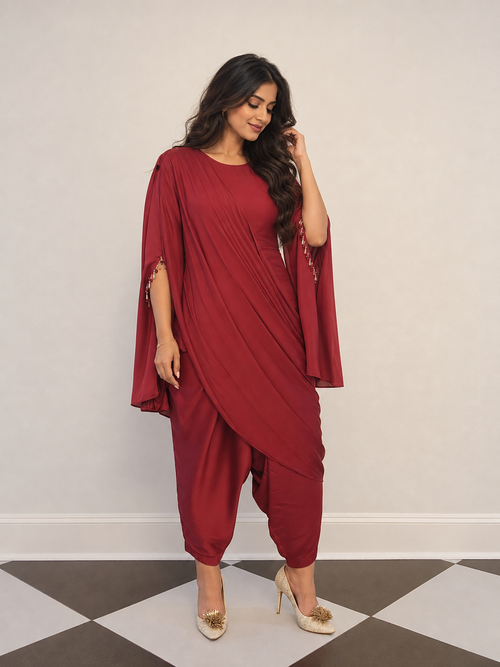 Raw silk cape drape co-ord set with harem pants and dupatta