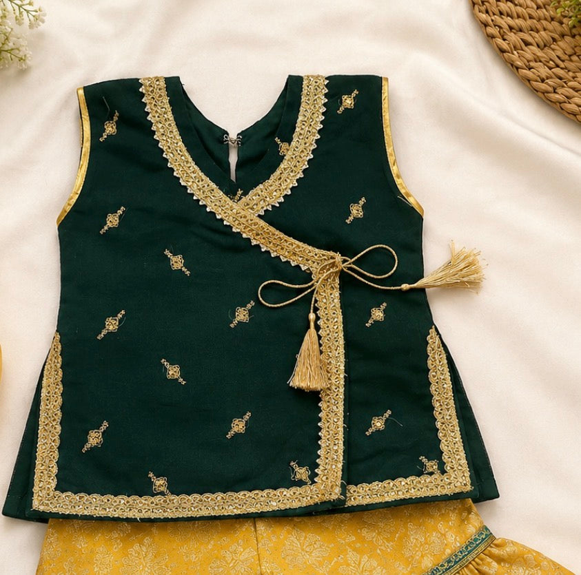 Girls Kurti Sharara Set - Green & Yellow Embroidered Ethnic Outfit