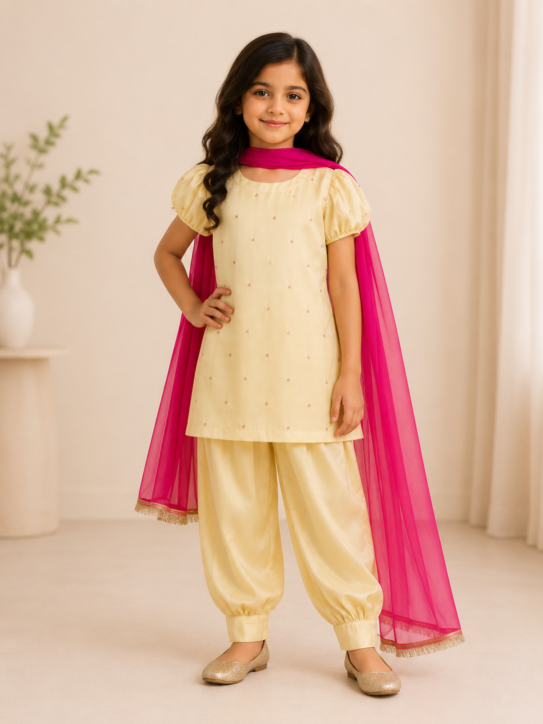 Girls Yellow Embroidered Kurta Salwar Set with Magenta Dupatta | Festive Ethnic Wear for Kids