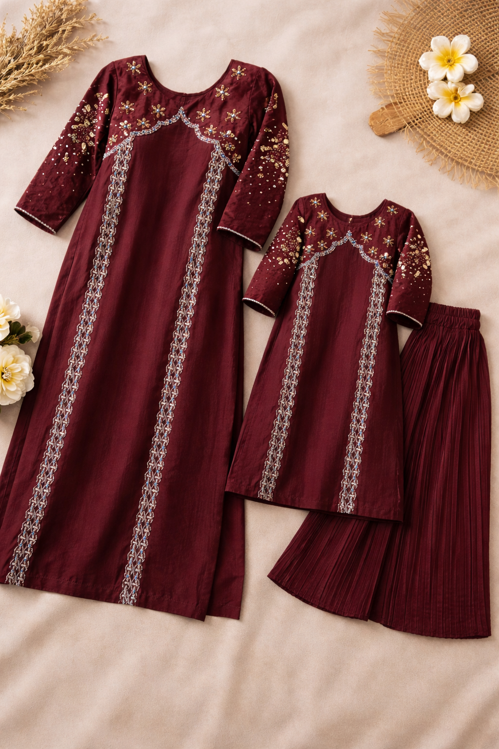 Mommy & Me Maroon Embroidered Kurta Set | Matching Mother Daughter Outfit