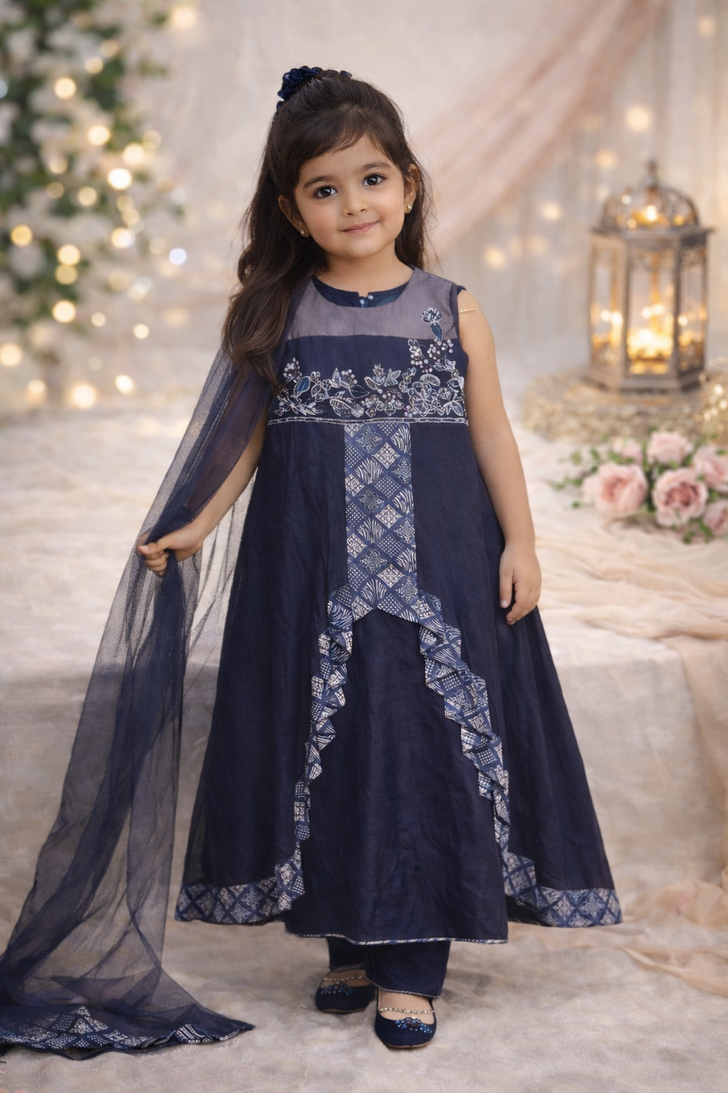 Ready to Ship Navy Blue Girls Formal Dress Set (2–3 Years) | Embroidered Party Outfit with Dupatta