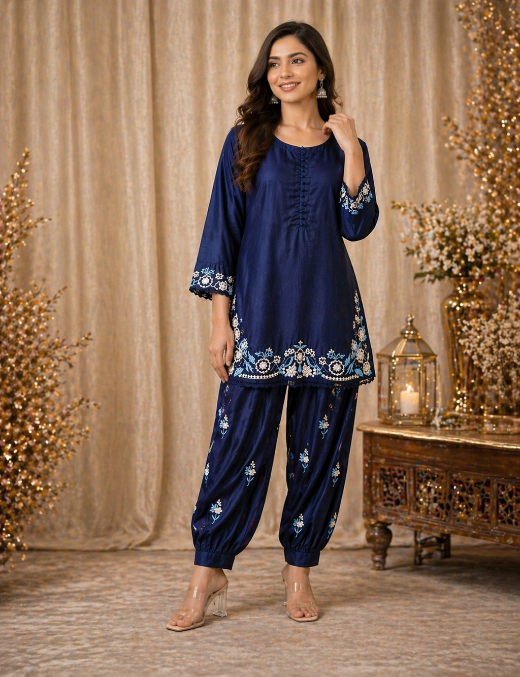 Mommy & Me Navy Blue Embroidered Kurta Set – Matching Mom & Daughter Outfit