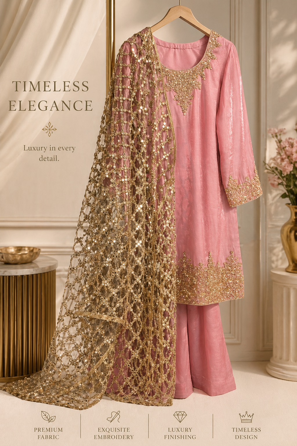 Mommy & Me Pink Embroidered Pant Kameez Set with Mirror Work Dupatta