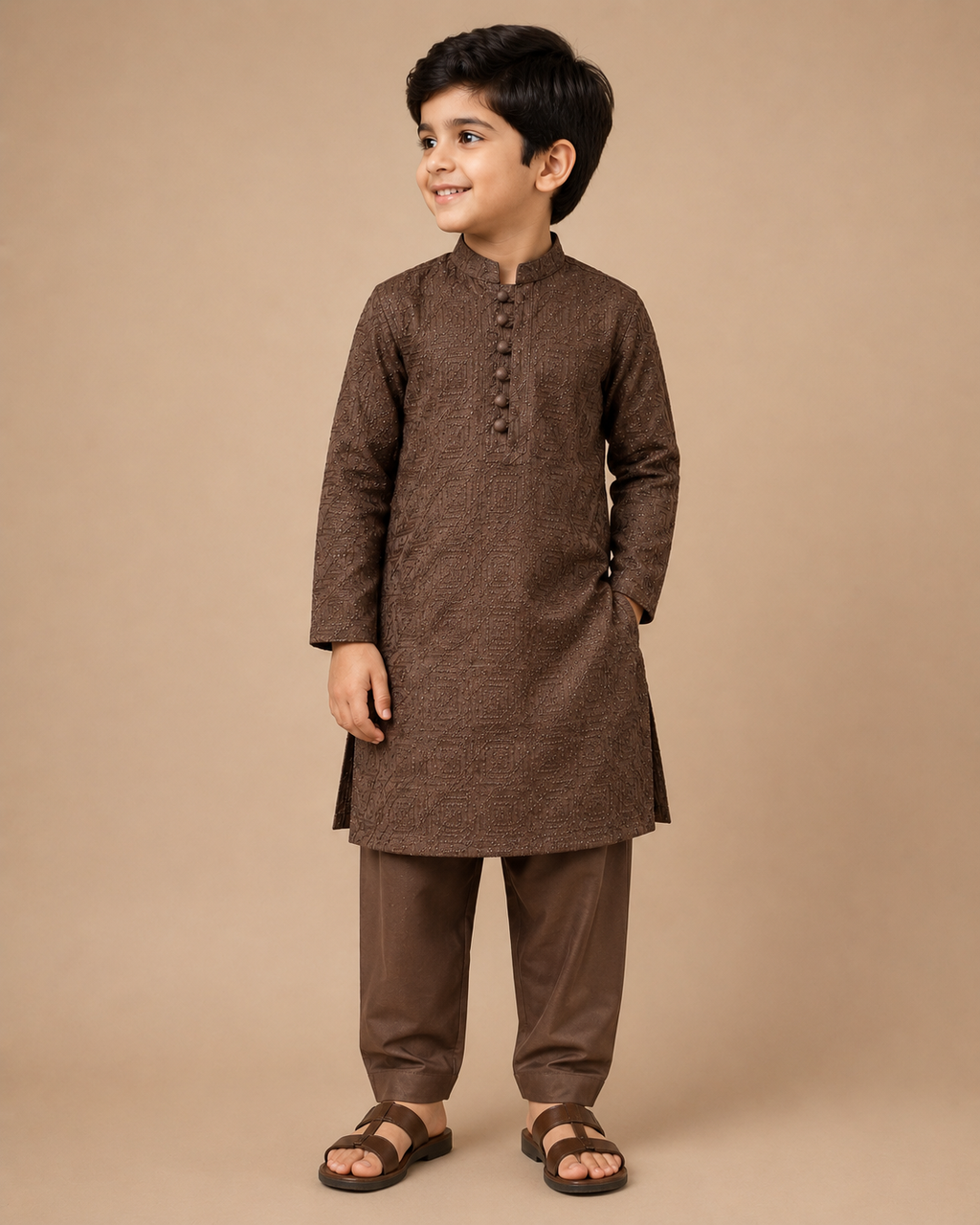 Kids Chocolate Brown Embroidered Kurta Pajama Set – Boys Pakistani Eid & Wedding Outfit | Size 24