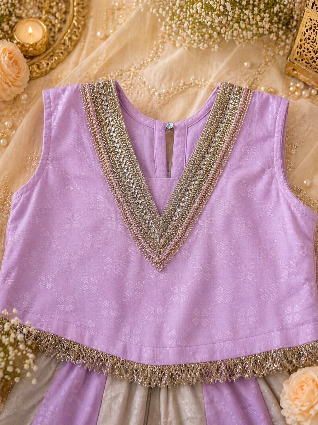Lavender & Champagne Girls Gharara Set – Short Kurti & Flared Pants (7–8 Years)