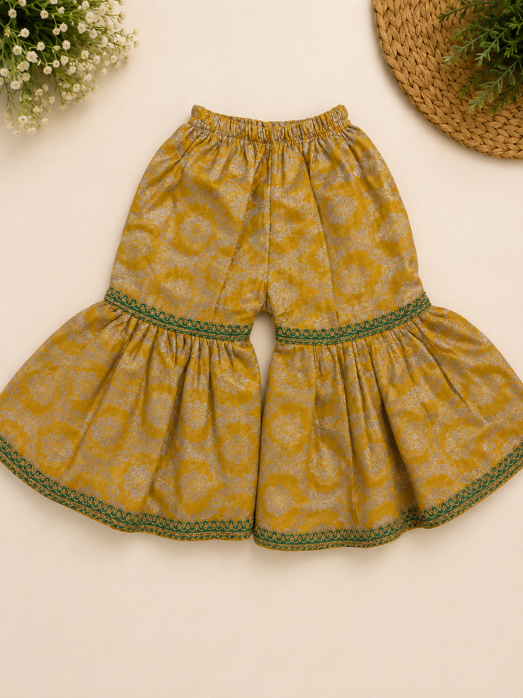 Girls Kurti Sharara Set - Green & Yellow Embroidered Ethnic Outfit